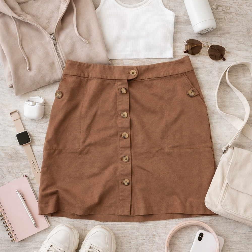 J.Jill Ponte Button-Front Mini Skirt | Brown | Size L Petite